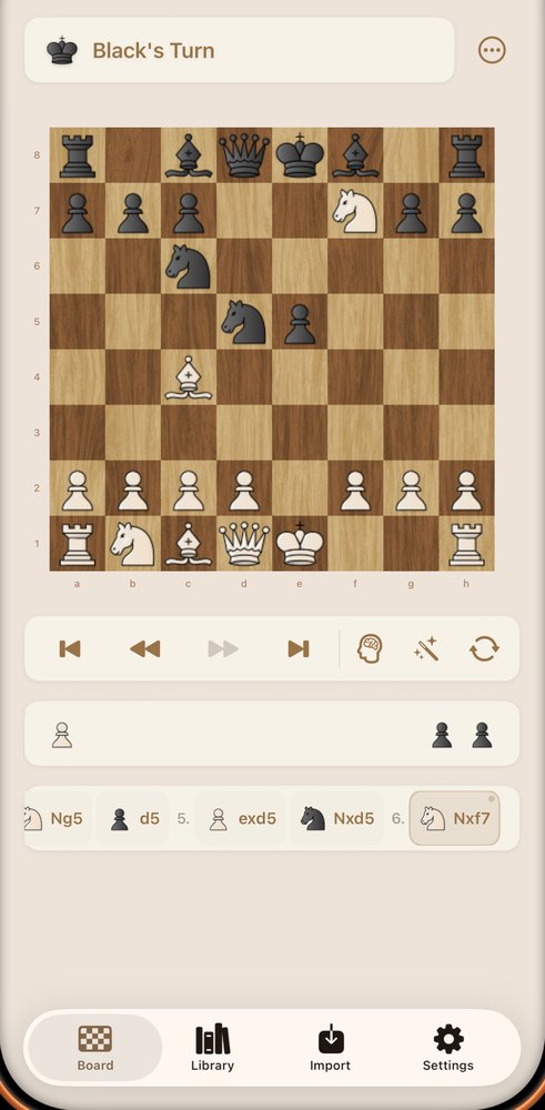 ChessView on iPhone: a mid-game position on a wooden board, with the move history listed underneath.