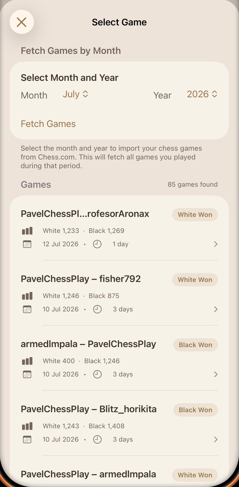 ChessView importing from Chess.com: a month and year picker above a list of games showing both players, their ratings, the date and who won.