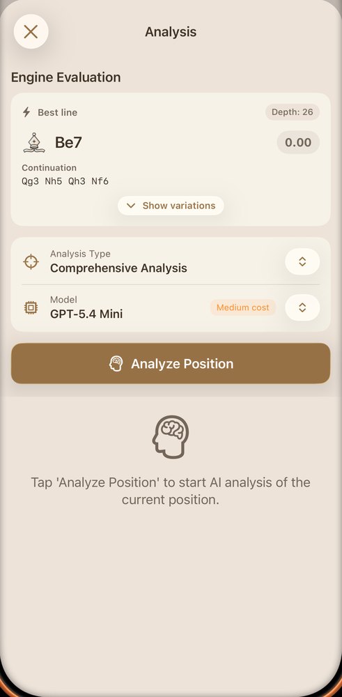 ChessView's analysis screen: a best line of Be7 at depth 26 with an evaluation of 0.00, the continuation Qg3 Nh5 Qh3 Nf6, and a button to analyse the position.