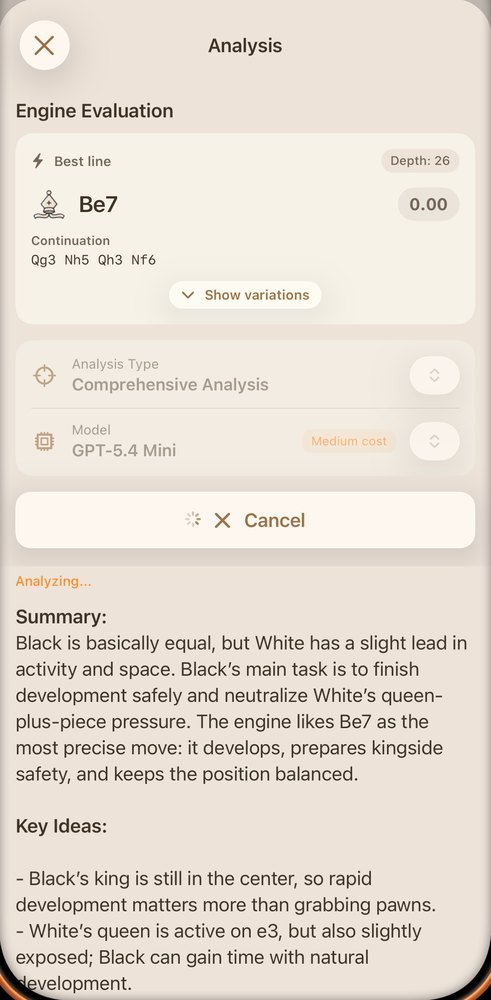 ChessView explaining a position in prose: a Summary paragraph about White's lead in development, followed by a list of key ideas.