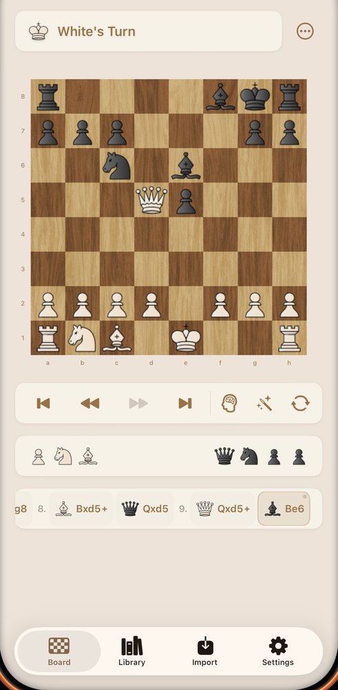 The ChessView board with White to move, a strip of move history reading 8…Bxd5+ 9.Qxd5 Be6 underneath, and the captured pieces listed above it.