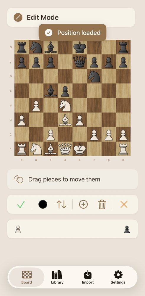 The same position on the ChessView board, with a Position loaded confirmation and the editor open for corrections.